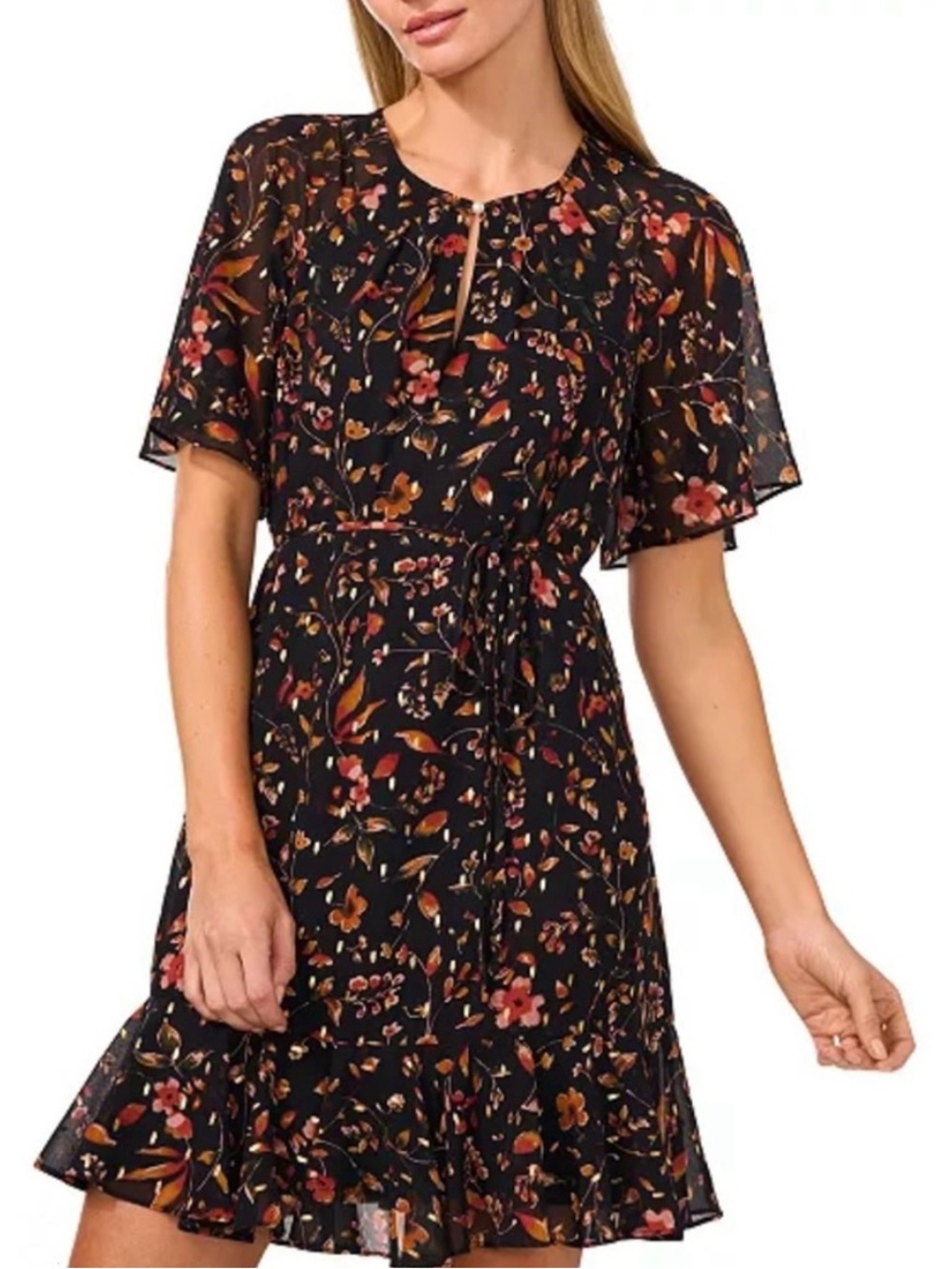 CeCe Black Floral Flutter Sleeve Tie waist
Dress